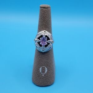 Modern New Sterling Silver Purple and Clear Glass Statement Ring Size 7